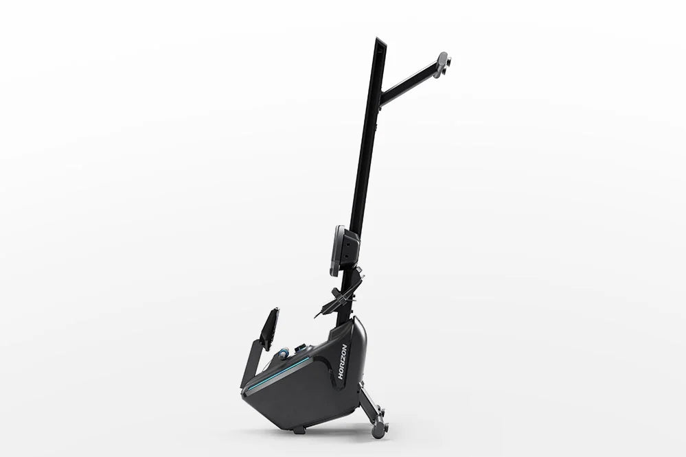Black Horizon Oxford 6 rowing machine with adjustable seat, footrest, and vertical handlebar on white background