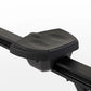 Black padded seat with contoured cushion on rowing machine frame, white background