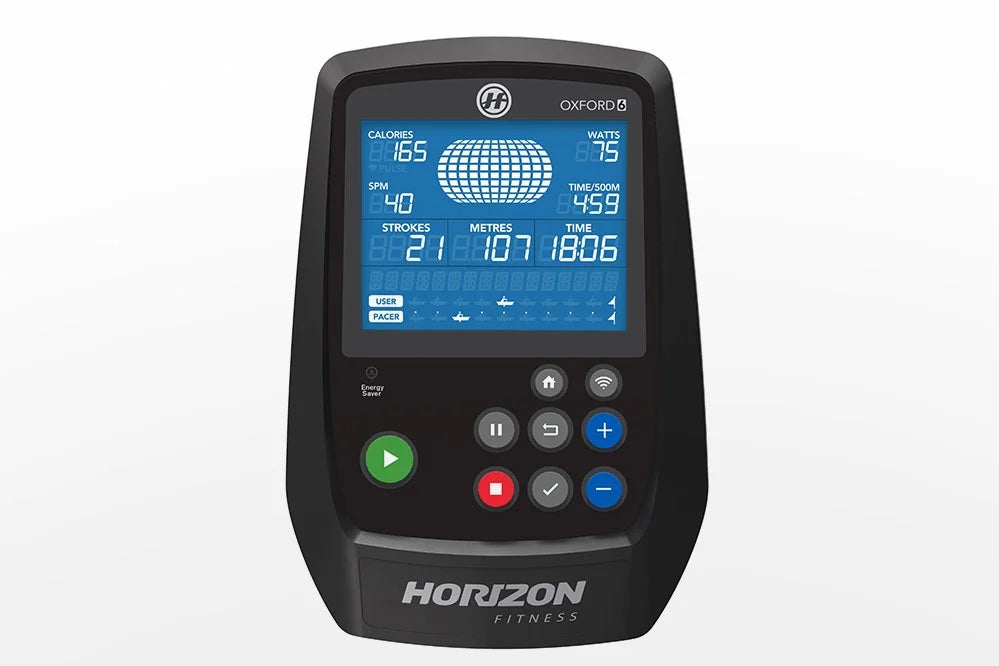Horizon Oxford 6 rowing machine console with blue digital display showing calories, watts, and workout metrics, black plastic