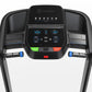 Horizon T101 folding treadmill with black frame, digital display showing metrics, green start and red stop buttons, and blue 