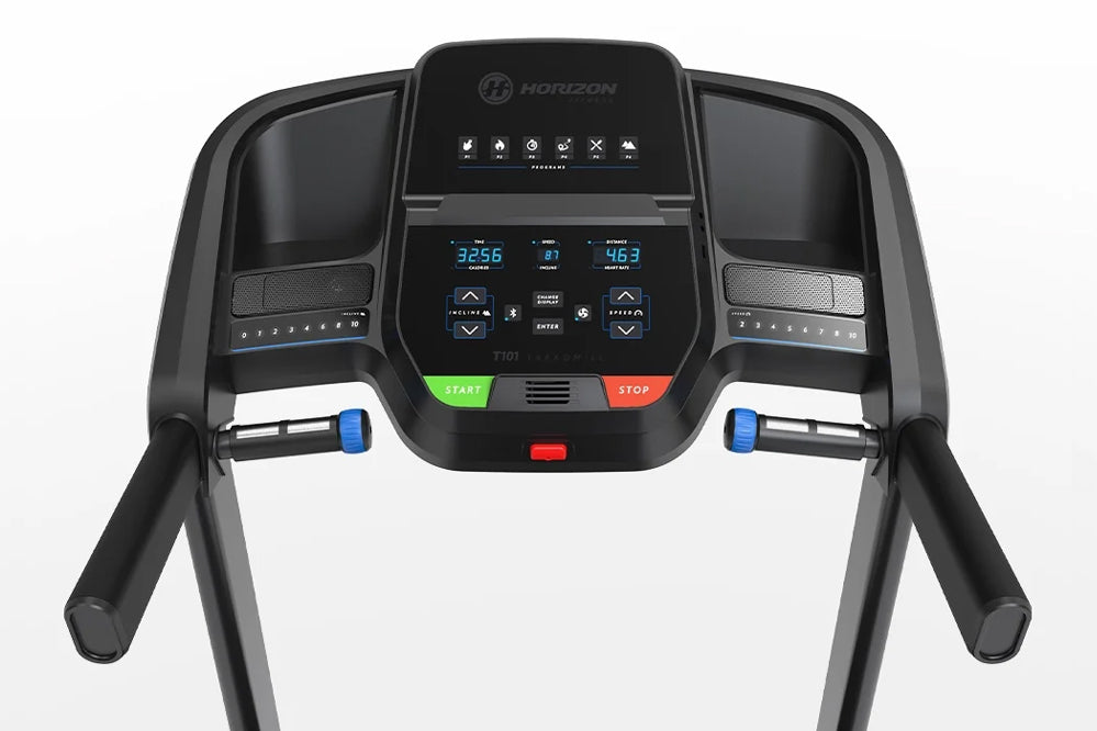 Horizon T101 folding treadmill with black frame, digital display showing metrics, green start and red stop buttons, and blue 