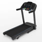 Black folding treadmill with digital console featuring blue display, control buttons, and dual black handles on white backgro