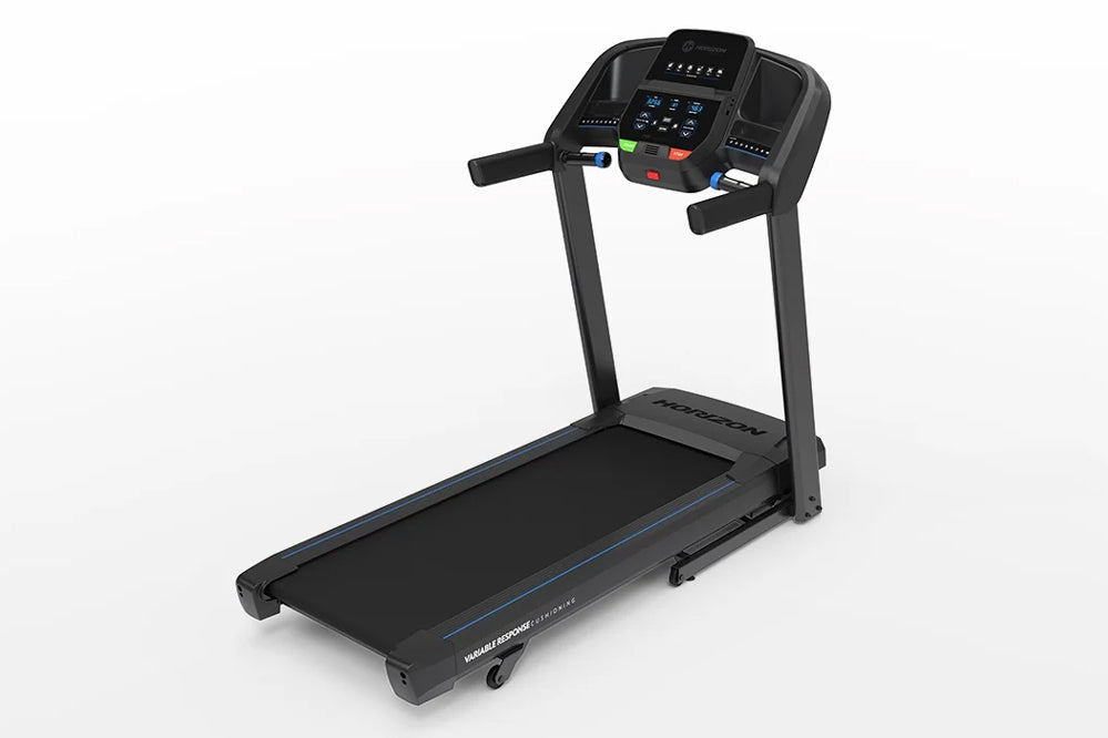 Black folding treadmill with digital console featuring blue display, control buttons, and dual black handles on white backgro