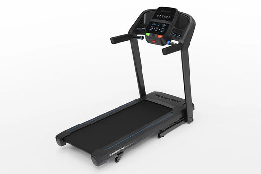 Black folding treadmill with digital console featuring blue display, control buttons, and dual black handles on white backgro