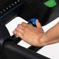 Hand gripping blue and black handlebar of Horizon T202 folding treadmill during use