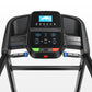 Horizon T202 folding treadmill with digital display, black frame, blue and red control buttons, and dual handlebar grips on w