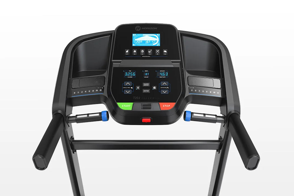 Horizon T202 folding treadmill with digital display, black frame, blue and red control buttons, and dual handlebar grips on w