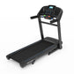 Black folding treadmill with blue accents, digital console display, control buttons, and handrails on white background