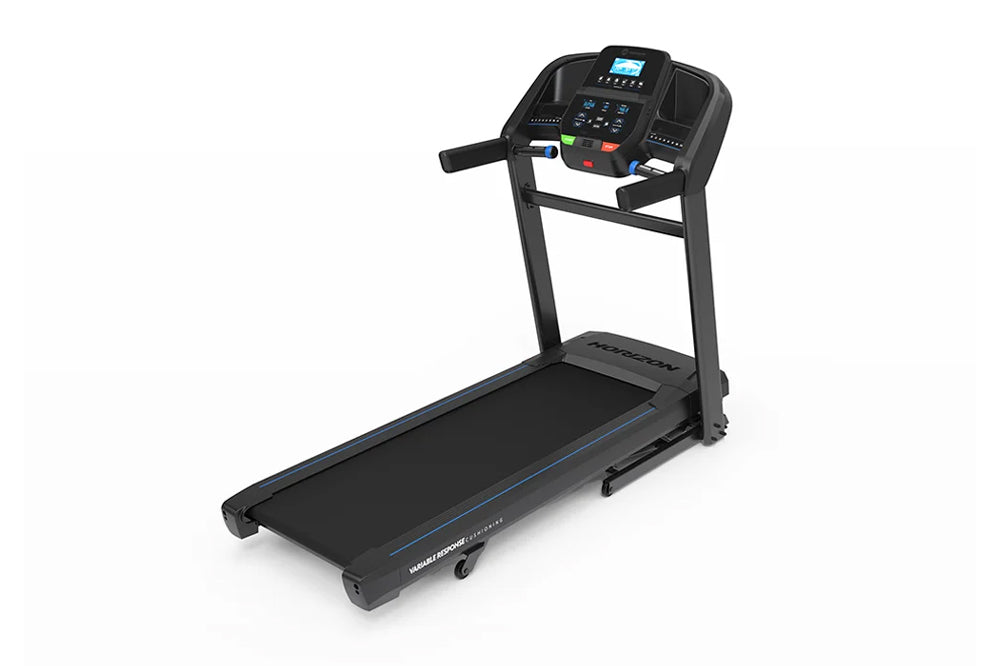 Black folding treadmill with blue accents, digital console display, control buttons, and handrails on white background
