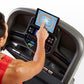 Man in red shirt using Horizon T303 folding treadmill with touchscreen display showing workout metrics