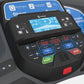 Horizon T303 folding treadmill console with blue display screen, black buttons, and colored control buttons including green s