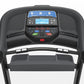 Horizon T303 folding treadmill with black frame, digital console display, Bluetooth connectivity, and gray running deck, fron