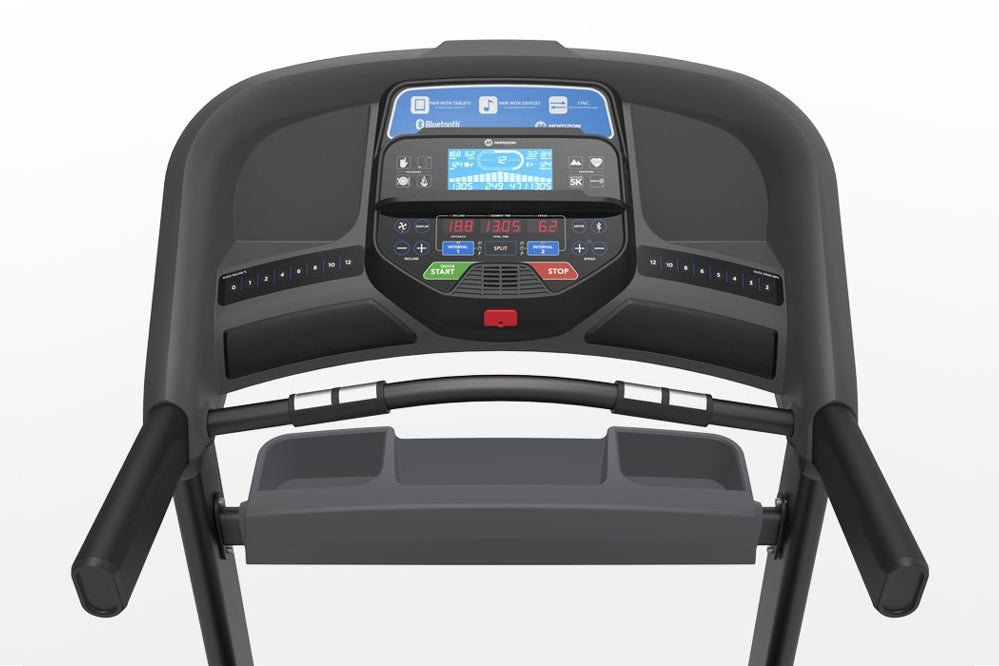Horizon T303 folding treadmill with black frame, digital console display, Bluetooth connectivity, and gray running deck, fron