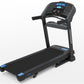 Black Horizon T303 folding treadmill with blue accent details, digital console, and cushioned running deck on white backgroun