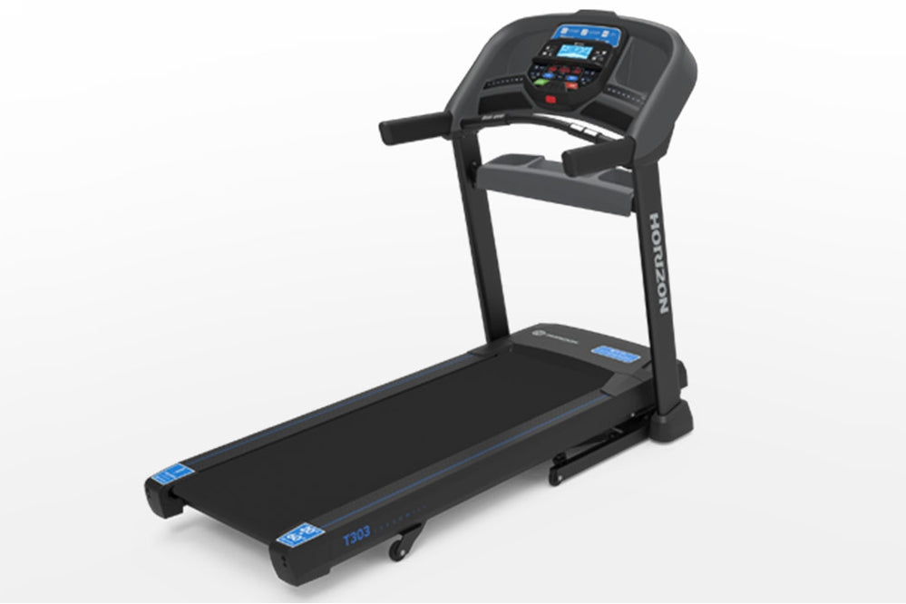 Black Horizon T303 folding treadmill with blue accent details, digital console, and cushioned running deck on white backgroun