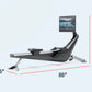 Hydrow Arc rowing machine with black seat and silver frame, articulating monitor arm displaying water scene, shown with dimen
