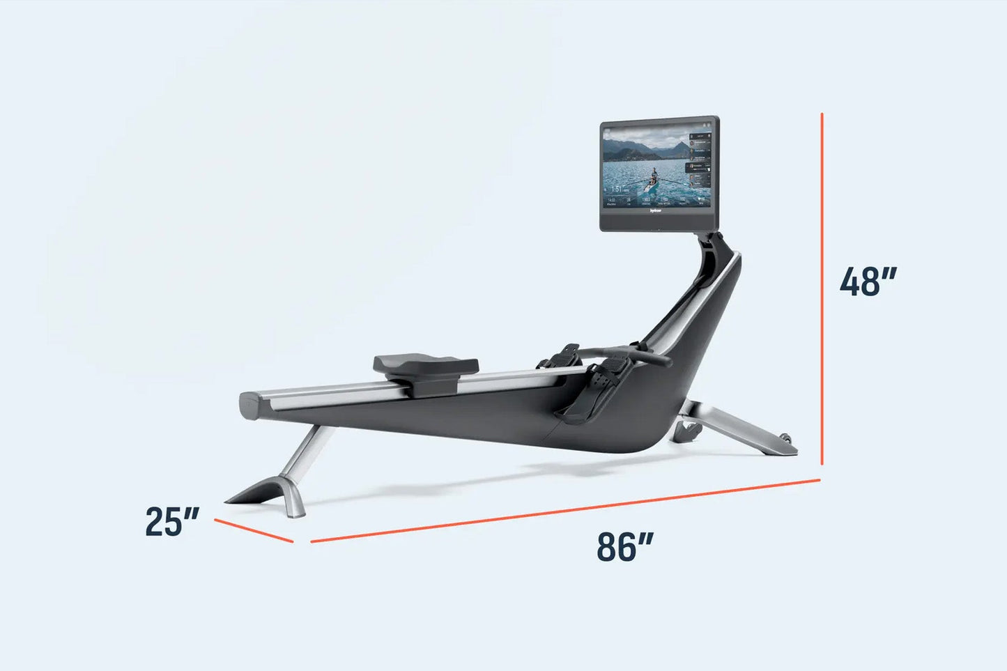 Hydrow Arc rowing machine with black seat and silver frame, articulating monitor arm displaying water scene, shown with dimen