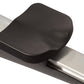 Black padded seat with curved design mounted on silver metal rail, shown on white background
