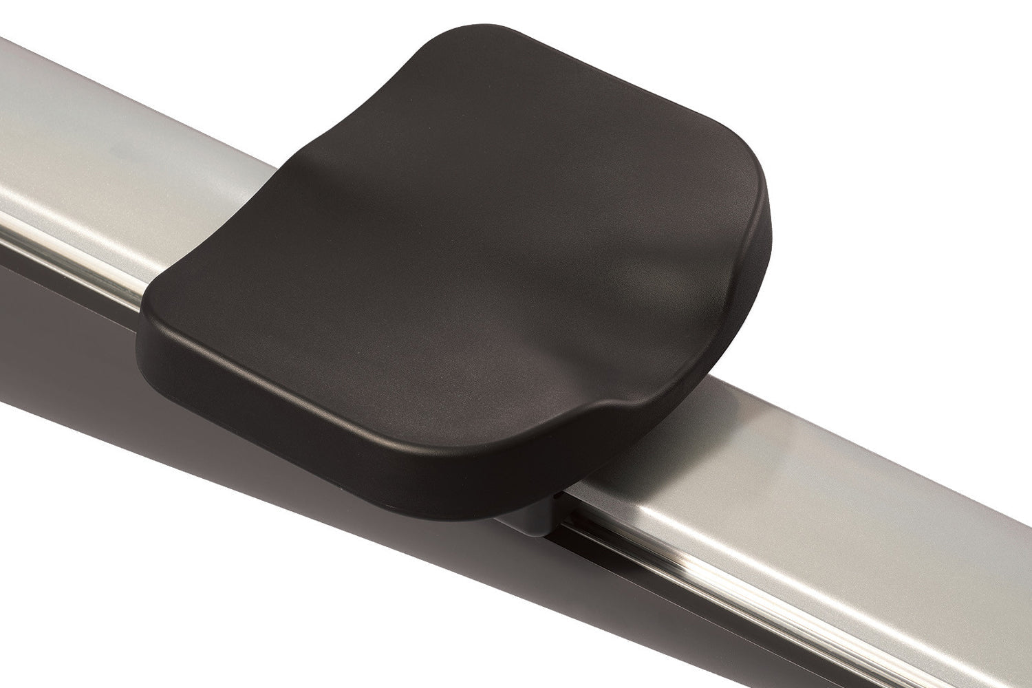 Black padded seat with curved design mounted on silver metal rail, shown on white background