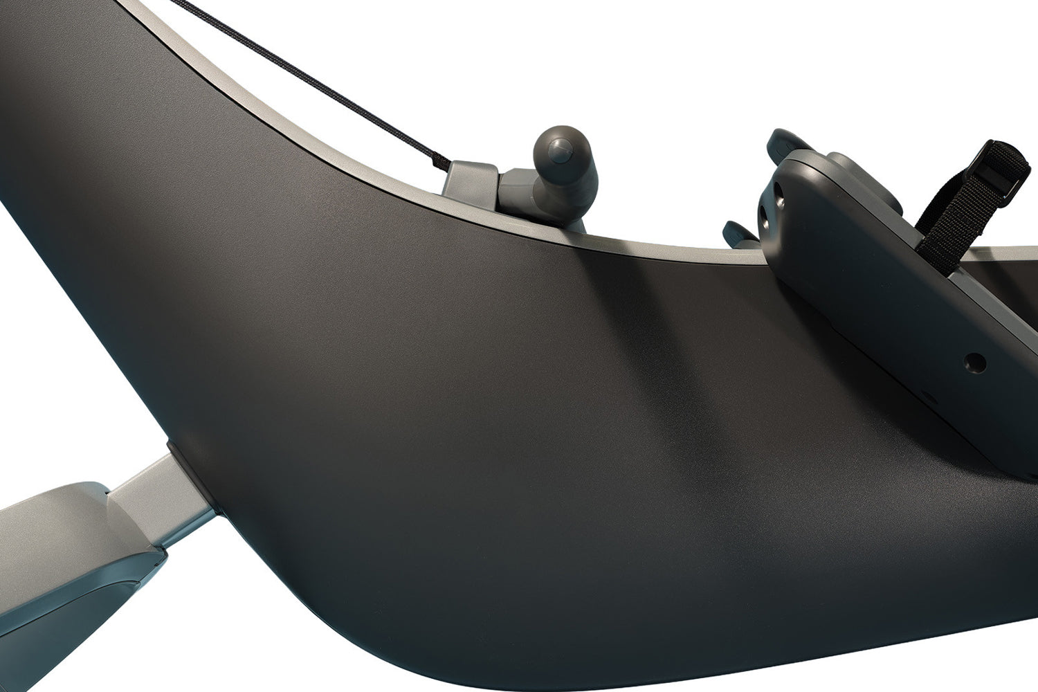 Black and gray rowing machine with curved footrest, black cable, and nylon strap detail on white background