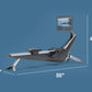 Hydrow Origin rowing machine with black seat and silver frame, equipped with tablet display showing workout video, on blue ba