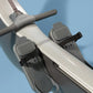 White Hydrow Origin rowing machine with gray handles and two gray footrest pedals with black straps on blue background