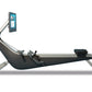 Hydrow Origin rowing machine with black seat and footrest, silver frame, and mounted touchscreen display showing fitness cont