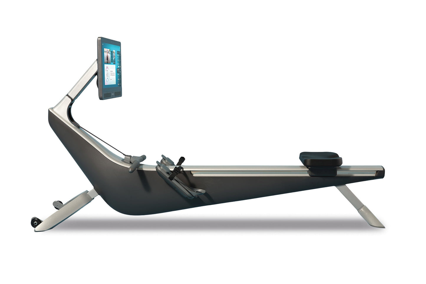 Hydrow Origin rowing machine with black seat and footrest, silver frame, and mounted touchscreen display showing fitness cont
