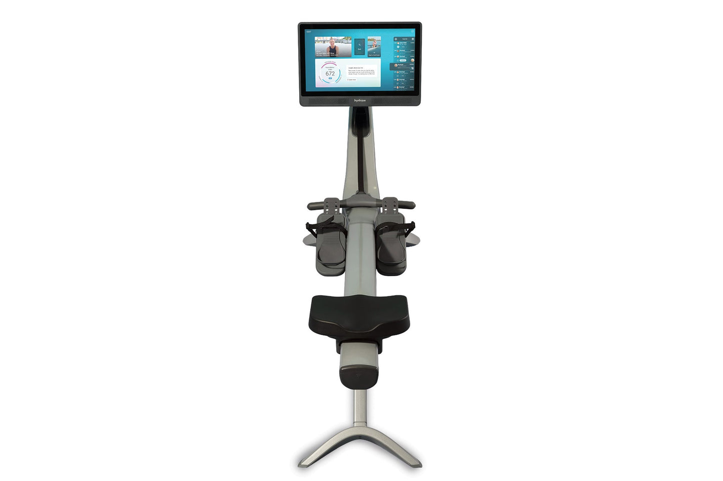 Hydrow Origin rowing machine with gray frame, black seat and footplates, dual handles, and mounted digital touchscreen displa