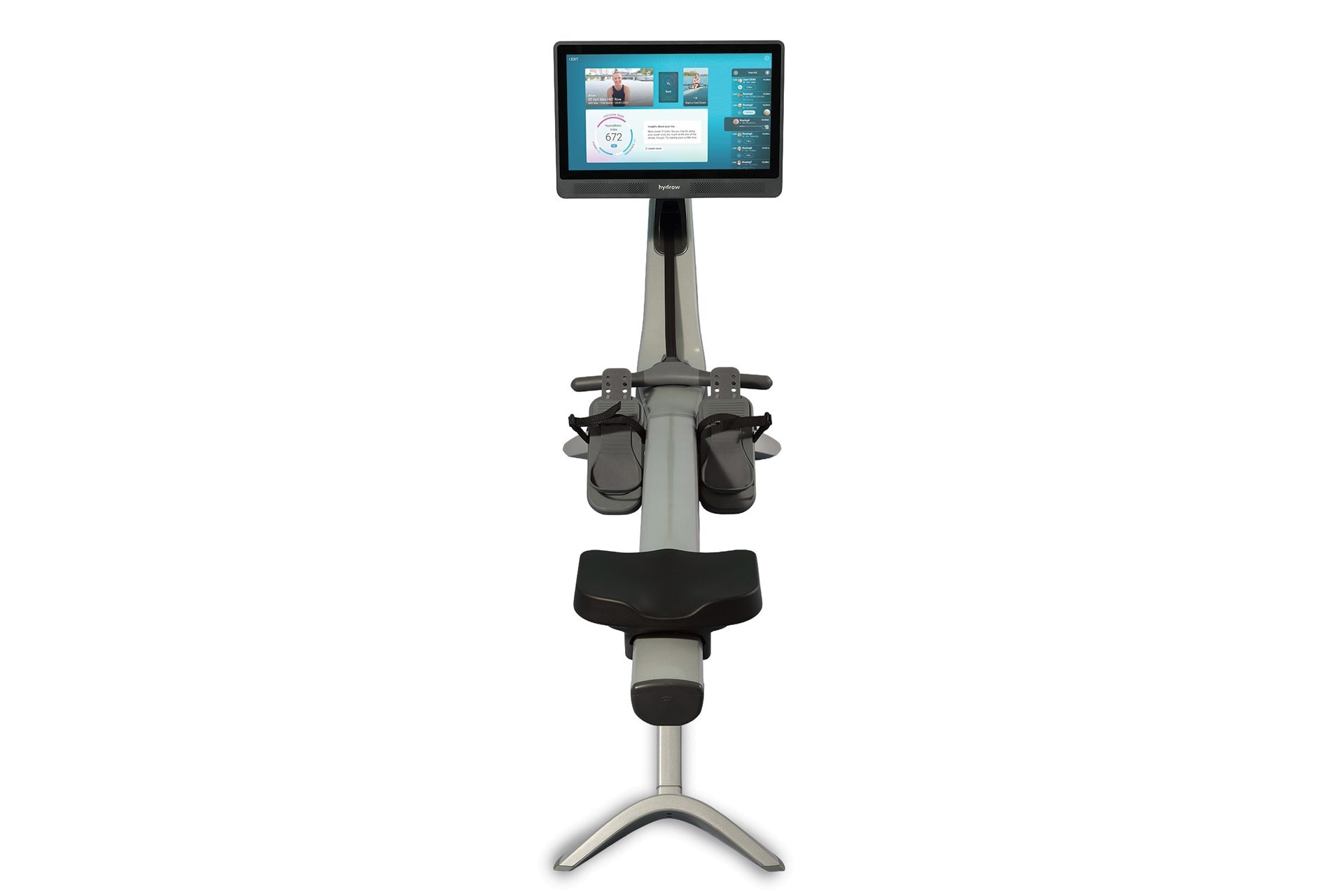 Hydrow Origin rowing machine with gray frame, black seat and footplates, dual handles, and mounted digital touchscreen displa
