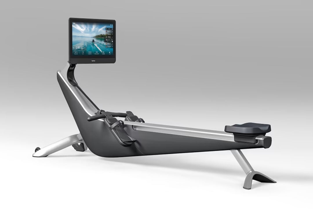 Black and silver rowing machine with articulating seat, adjustable footrest, and mounted tablet display showing water animati