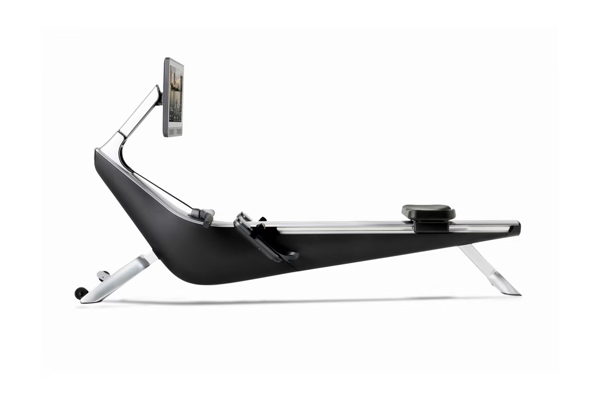 Hydrow Pro rowing machine with black seat and silver frame, adjustable phone mount arm, displayed on white background