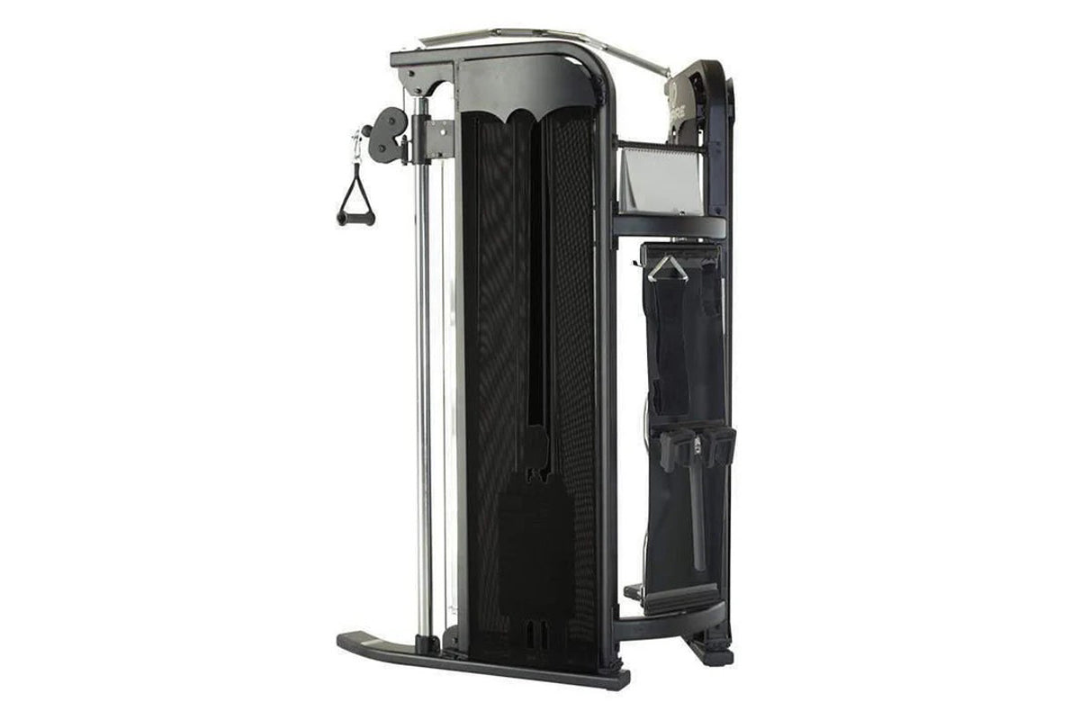 Inspire Fitness FT1 functional trainer with dual weight stacks, black mesh panels, silver frame, and cable attachment system 