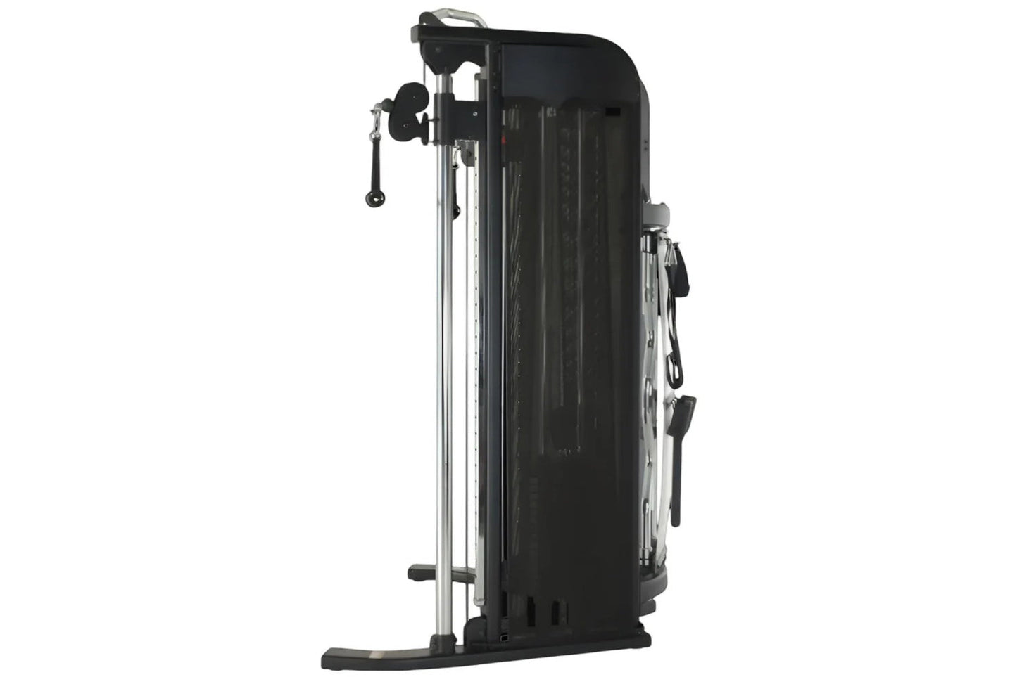 Black and silver Inspire Fitness FT1 functional trainer with dual cable towers, weight stacks, and adjustable pulleys on whit
