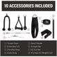 Ten black fitness accessories displayed on white background including triceps rope, D handles, chin strap, ankle strap, sport