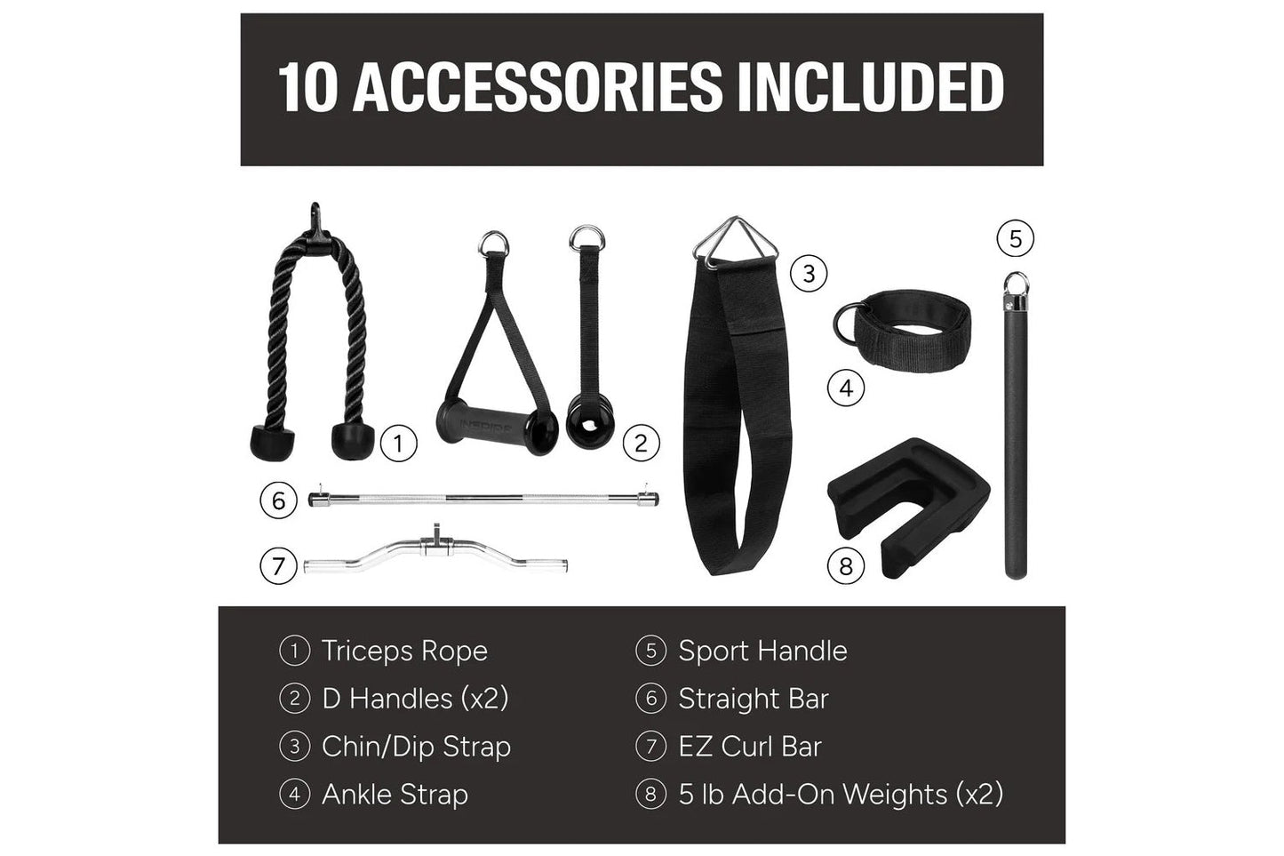Ten black fitness accessories displayed on white background including triceps rope, D handles, chin strap, ankle strap, sport