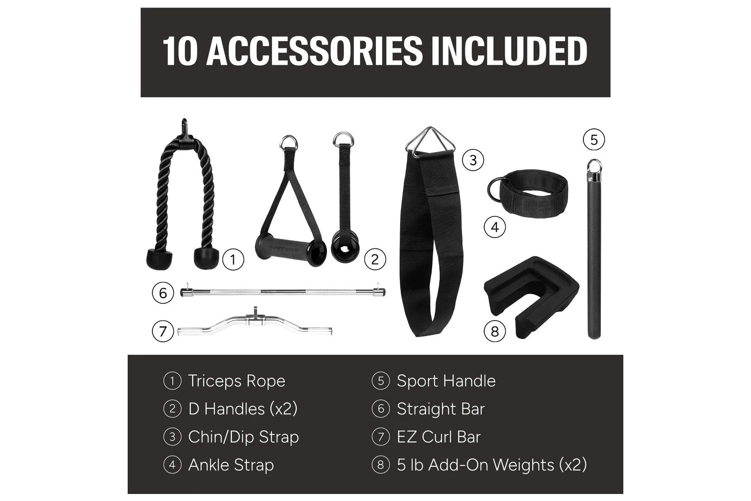Ten black fitness accessories displayed on white background including triceps rope, D handles, chin strap, ankle strap, sport