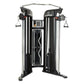 Inspire Fitness FT1 functional trainer with dual cable machine, black frame, gray top bar, and hanging handles on white backg