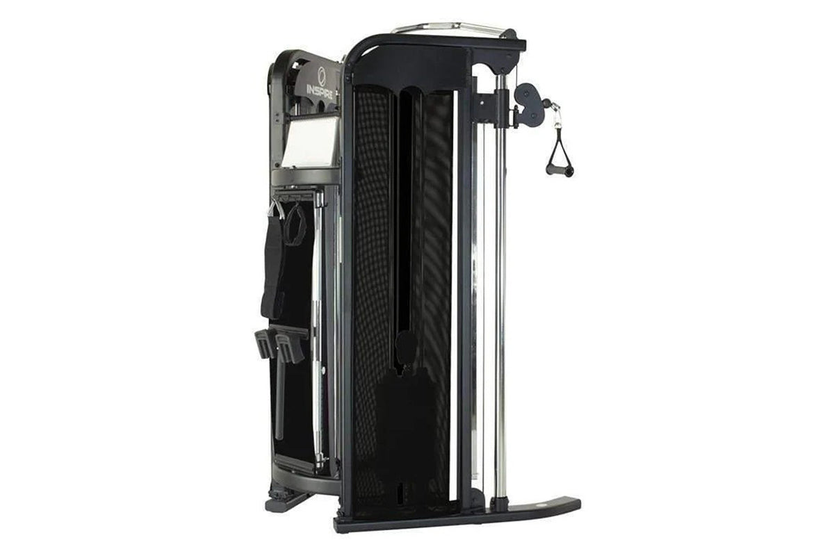 Inspire Fitness FT1 Functional Trainer with dual cable stations, black frame, and adjustable pulleys on white background