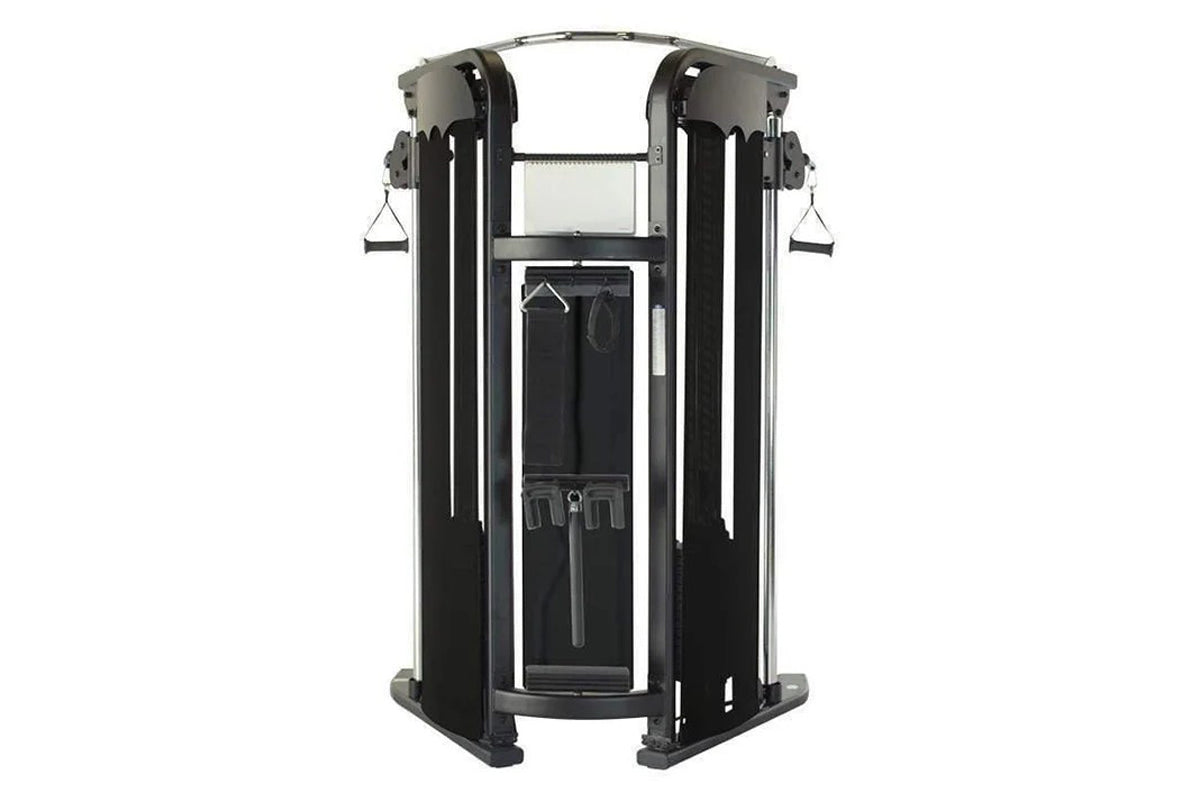 Black and gray dual-stack functional trainer with cable machines, weight plates, and overhead pulley system on white backgrou