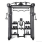 Black functional trainer machine with dual weight stacks, cable attachments, and integrated dumbbell storage on white backgro