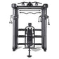 Black metal dual-station functional trainer with cable machine arms, weight stacks, and adjustable seat on white background