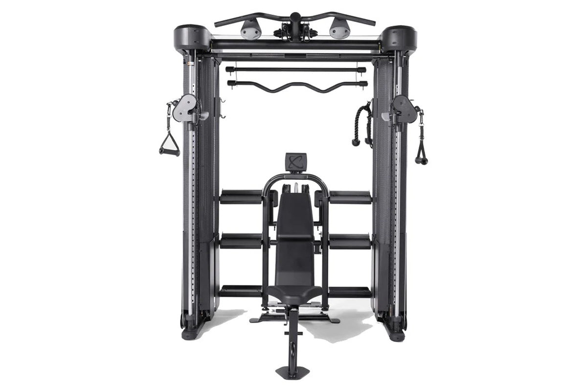 Black metal dual-station functional trainer with cable machine arms, weight stacks, and adjustable seat on white background