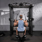 Man using black dual-column functional trainer machine with cable handles in gym setting against brick wall