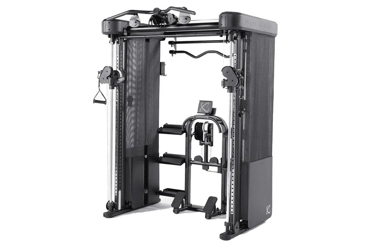 Black and silver Inspire Fitness FT2 Pro Smith functional trainer with dual weight stacks and foot platform on white backgrou