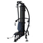 Black and blue multi-gym system with vertical frame, dual pull-down arms, seat, and leg extension platform on white backgroun