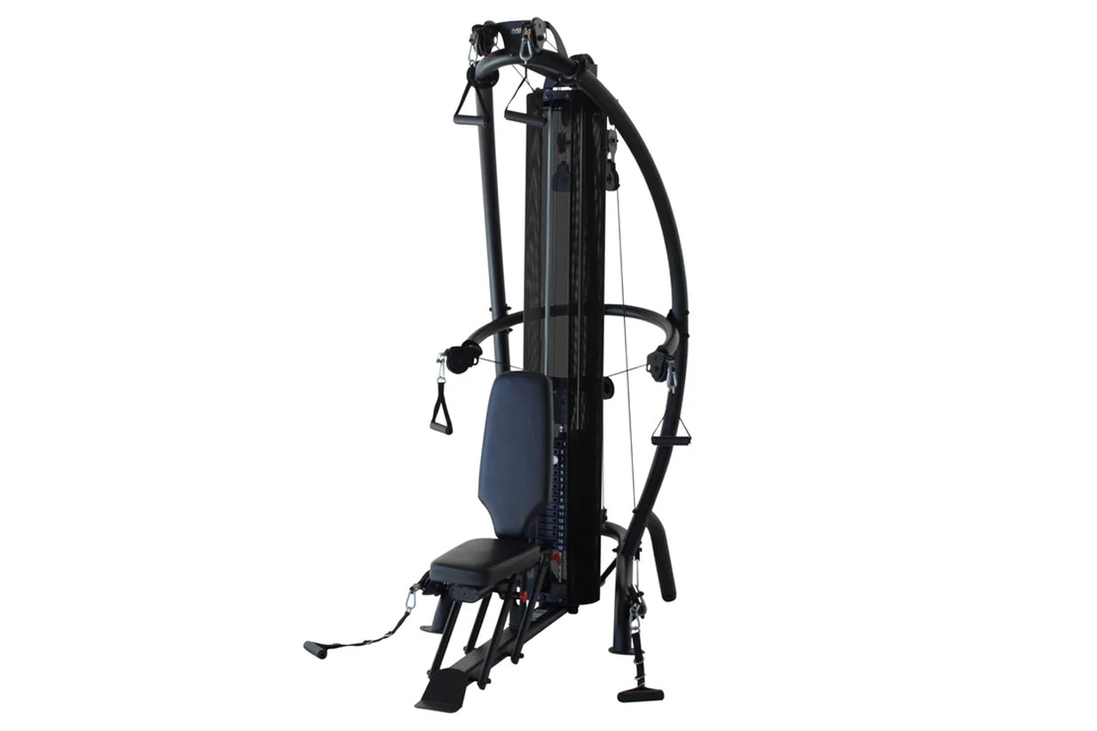 Black and blue multi-gym system with vertical frame, dual pull-down arms, seat, and leg extension platform on white backgroun