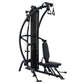 Black multi-gym system with vertical frame, pull-down bar, leg press platform, and foot rest on white background