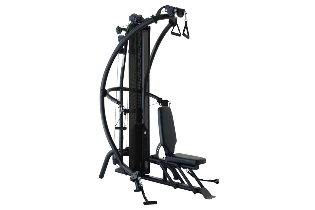 Black multi-gym system with vertical frame, pull-down bar, leg press platform, and foot rest on white background