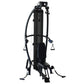 Black vertical multi-gym system with dual weight stacks, handle grips, footrest platform, and adjustable cable pulley arms on